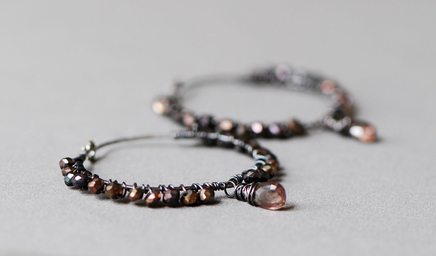 Hoop Earrings wire wrapped tundra Sapphire mystic Spinel oxidized Sterling Silver - meet me at midnight