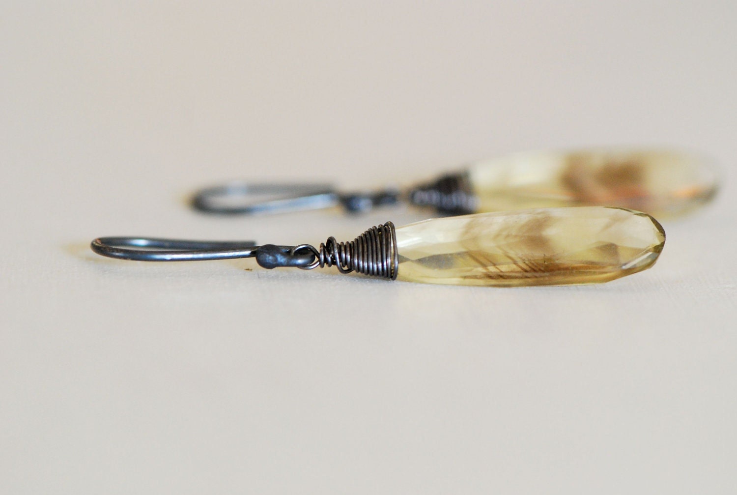 Briolette Earrings smoky lemon Quartz Gemstone oxidized Sterling Silver wire wrapped stone