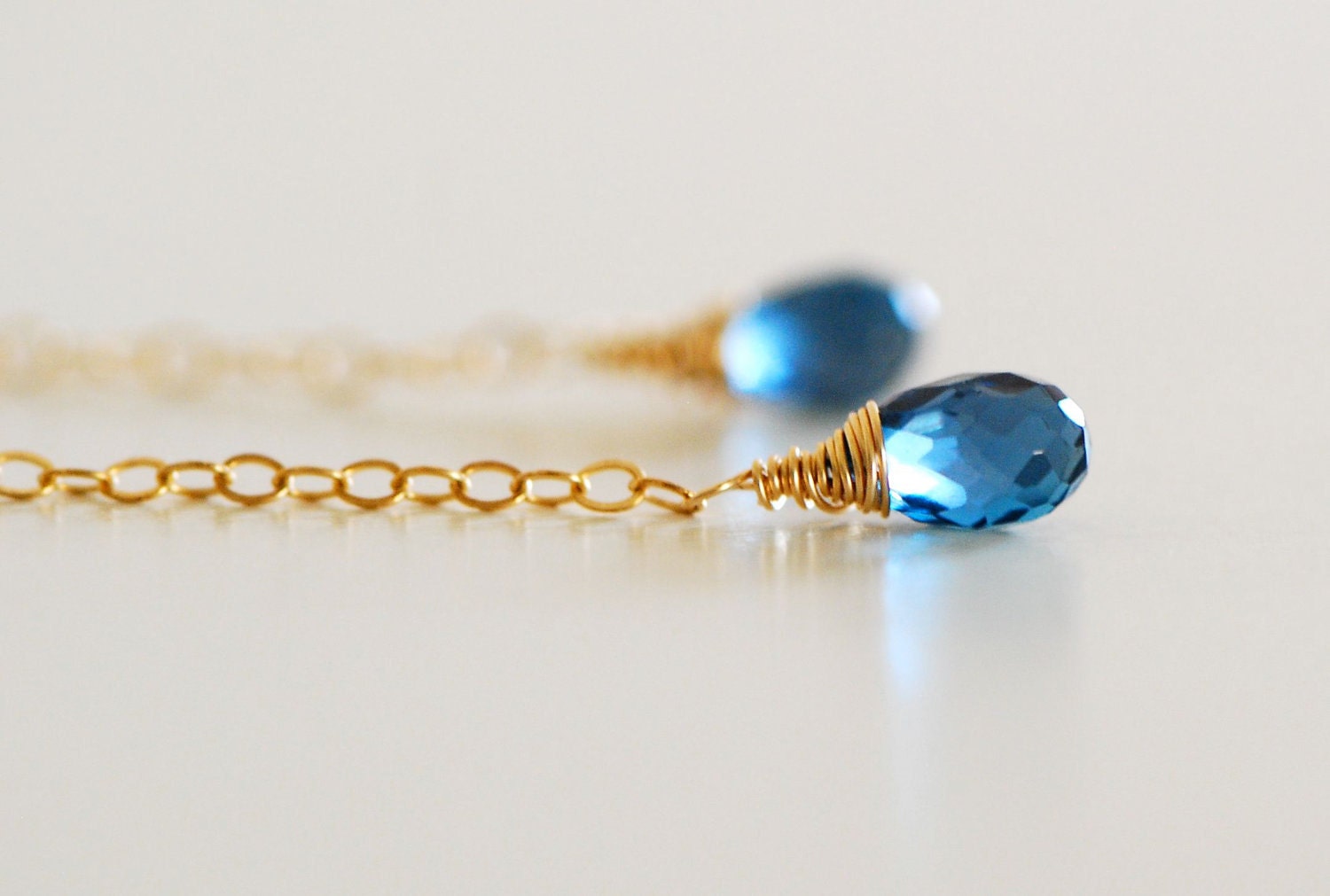 Chain Earrings london blue Topaz AAA Gemstone dangle wire wrapped briolette tear drop 14k gold filled