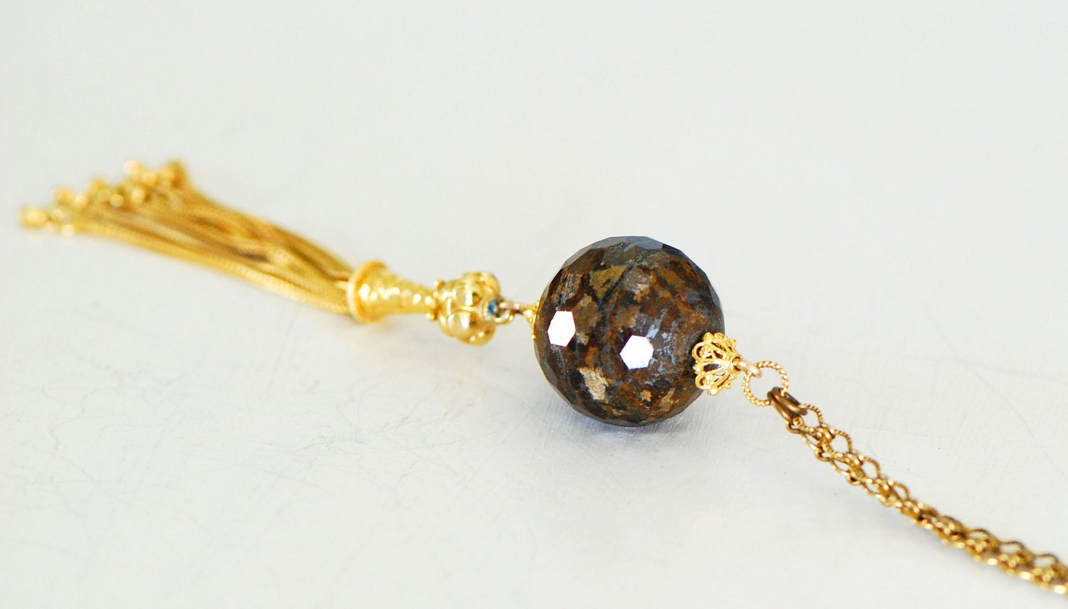 Gold Tassel Necklace brown Jasper Gemstone Pendant 22k gold Vermeil SALE