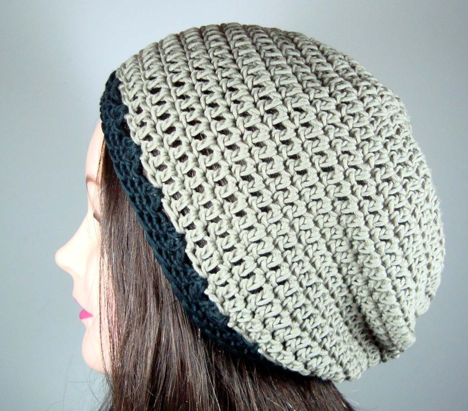 Organic Cotton Slouchy Beanie Tam Hat in Grayed Taupe, Black