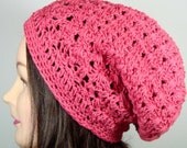 Organic Cotton Lattice Slouch Beanie Hat Tam Hot Pink