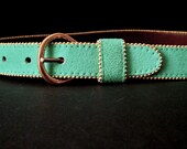 80s belt teal suede belt calf skin disco belt 1970s turquoise w/ gold beaded trim Made in france vintage Gucci style DIOR style French chic elegant gold buckle