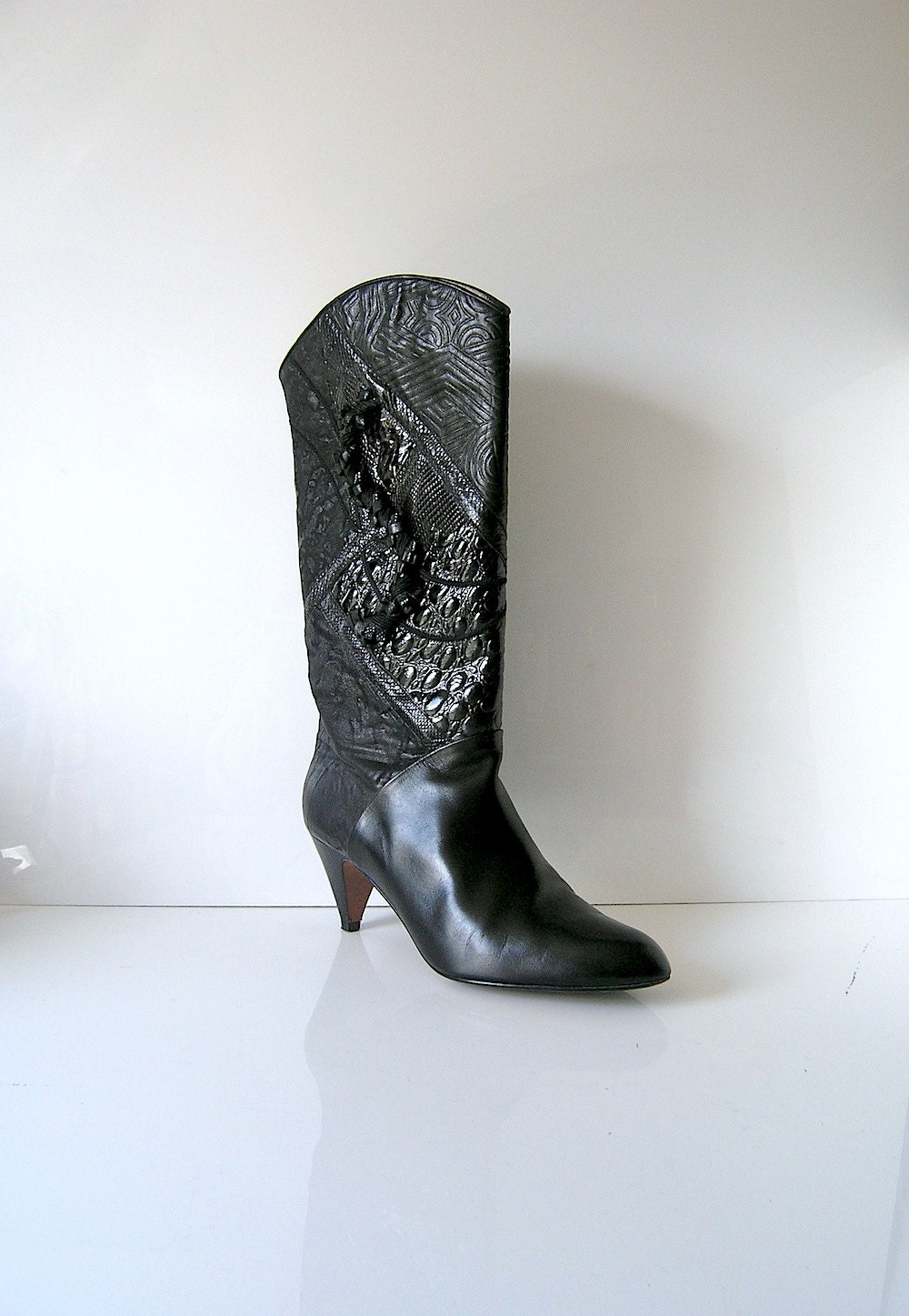 80s Carlo Fiori black boots - 8.5b - leather and snakeskin patchwork - like new vintage 1980s designer chic