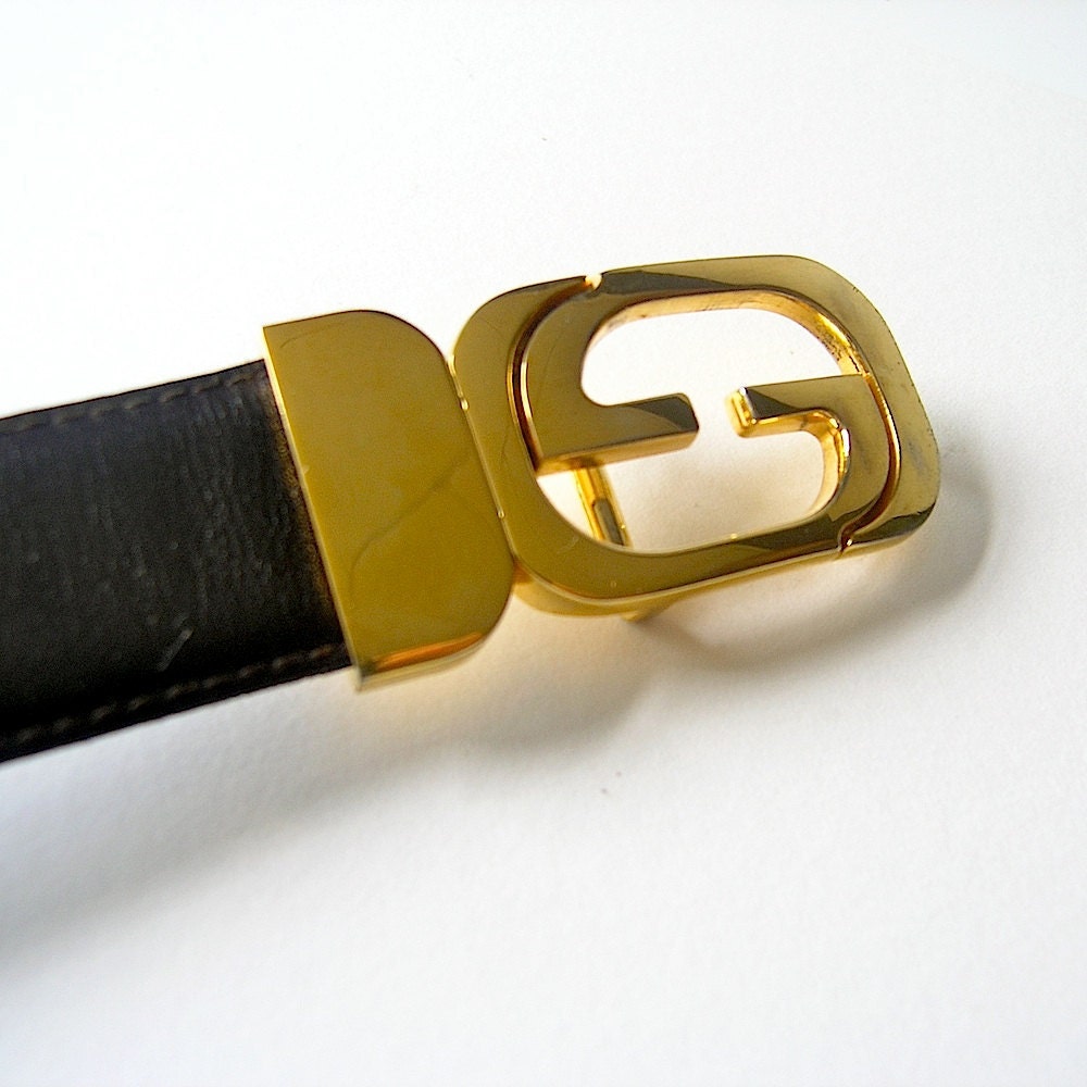 Gucci belt gold logo buckle black brown by CoolVintageFinds