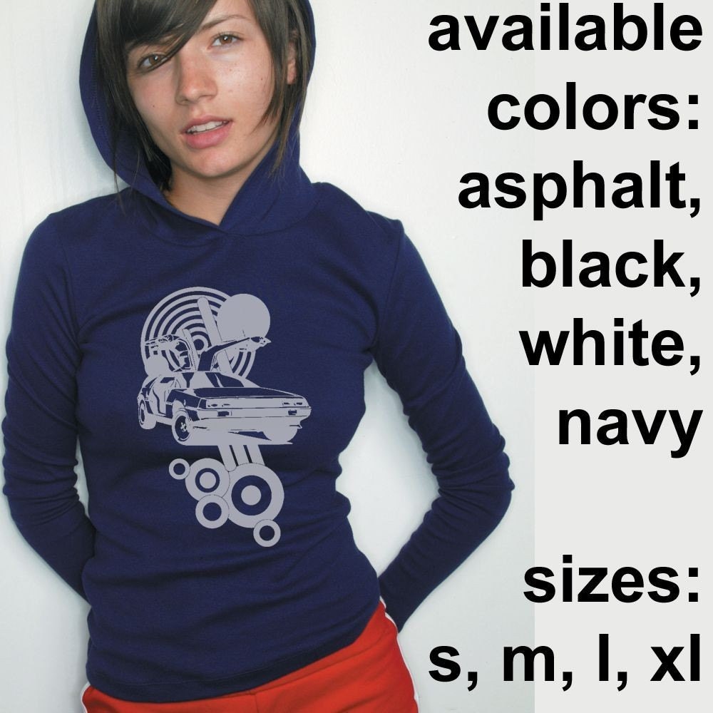 Delorean Hooded Long Sleeve T-Shirt, American Apparel Hoodie with Water Based Ink