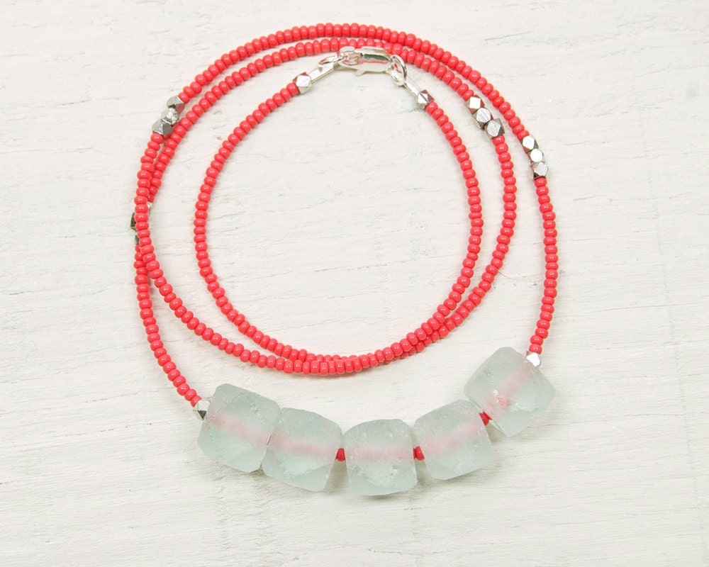 Weathered no6 // Recycled Glass Beaded Necklace // Mint and Coral