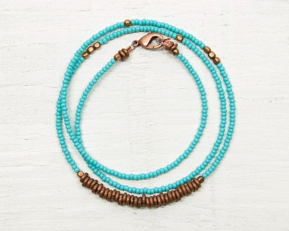 Seed Bead Necklace // Minimal and Rustic // Turquoise Green and Copper