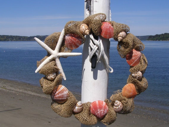 BEACH DECOR BURLAP wreath, nautical wreath, coral colored shells, starfish, coastal decor