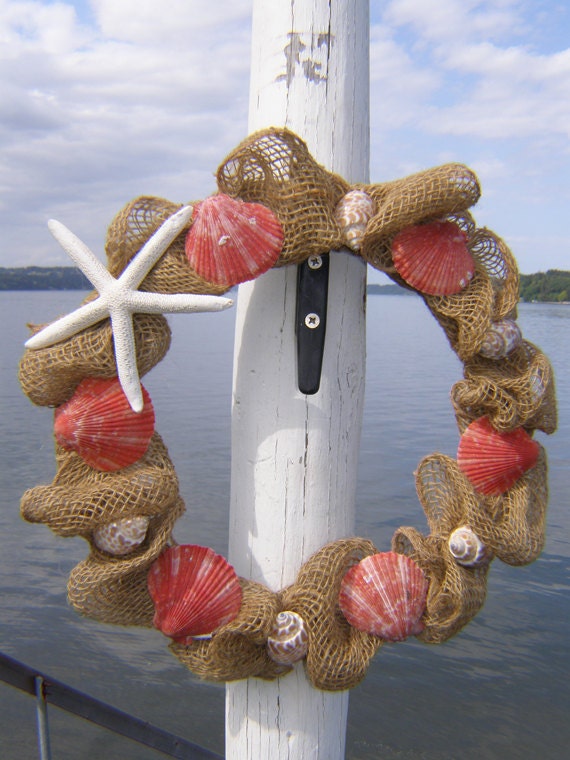 BURLAP BEACH WREATH, beach decor, seashell wreath, nautical wreath, bright orange/coral