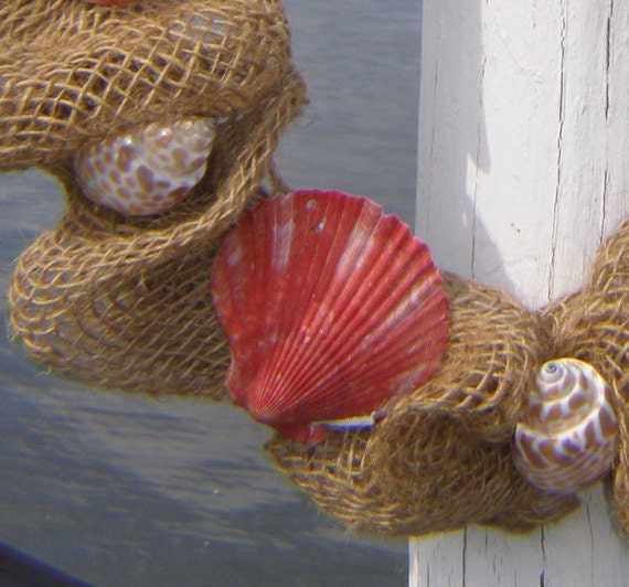 BURLAP BEACH WREATH, beach decor, seashell wreath, nautical wreath, bright orange/coral