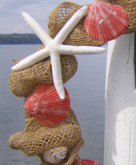 BURLAP BEACH WREATH, beach decor, seashell wreath, nautical wreath, bright orange/coral