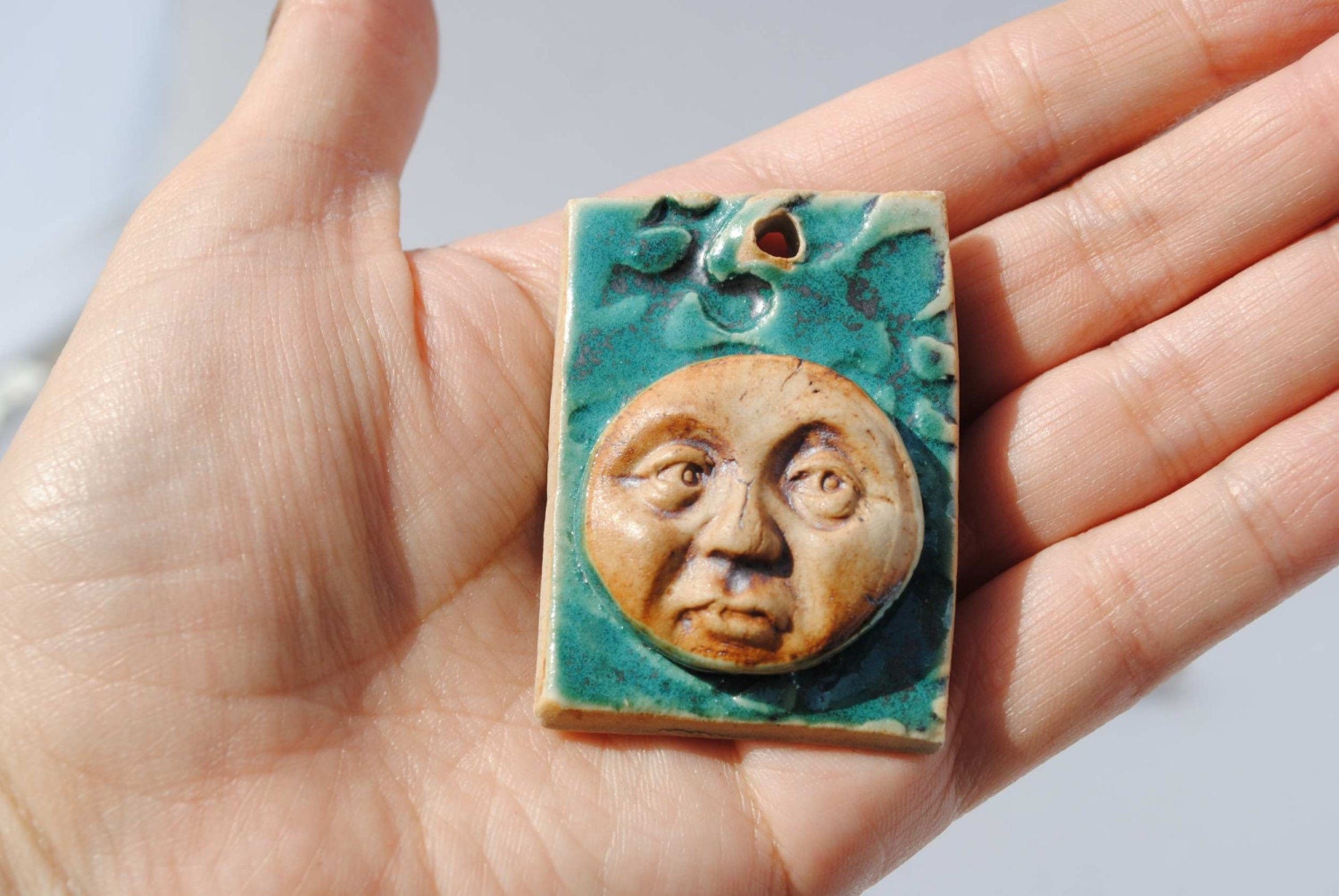 Ceramic pendant moon face teal rectangle ornament face pendant