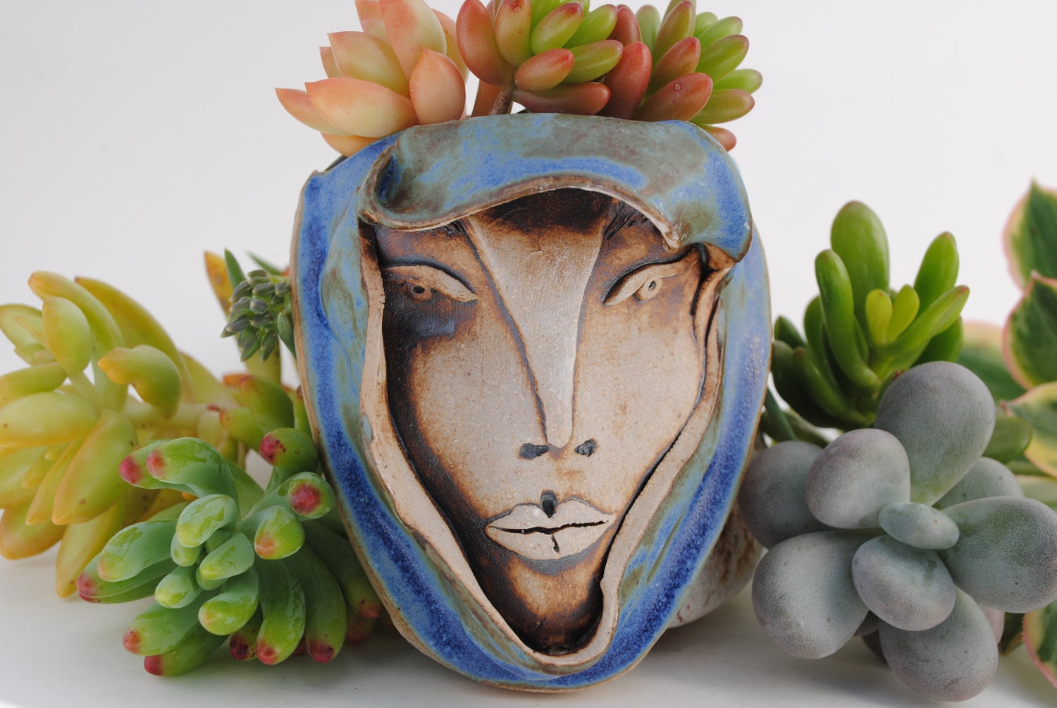 ceramic wall planter garden art mask plant pocket face