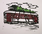 New Orleans Streetcar with Christmas tree Christmas Card linocut print