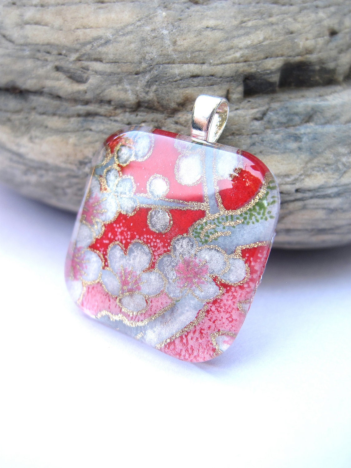 Chiyogami Japanese Gardens in Pink Premium Cut Square Glass Tile Pendant Ooak - One of a Kind - with chain
