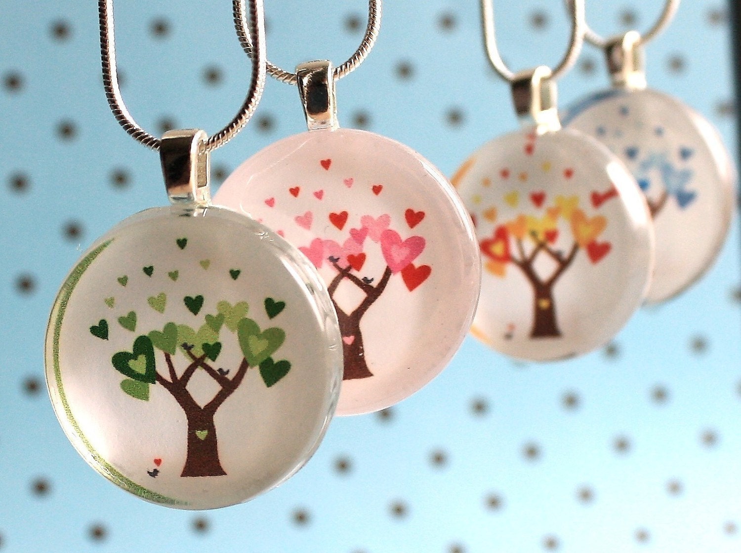 Love in Bloom Collection - Green Spring, Red Summer, Yellow Autumn, Blue Winter - Circle Glass Tile Pendant - LISTING FOR ONE