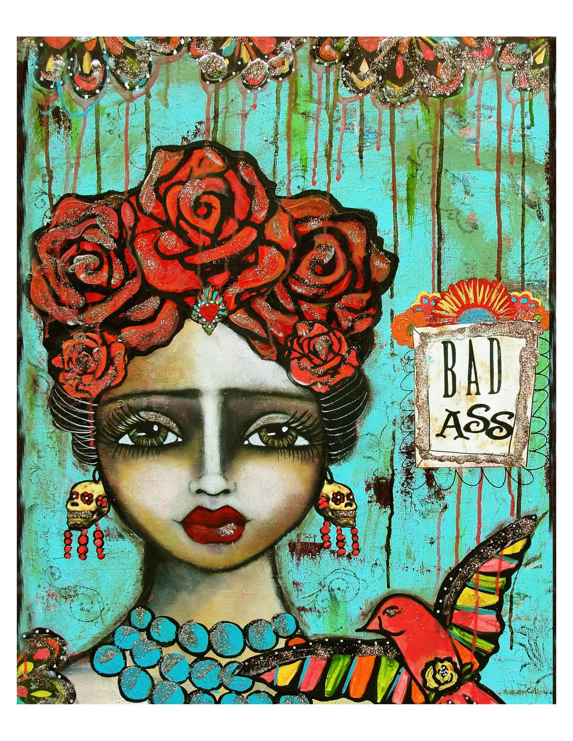 Frida Kahlo - Mexican Folk Art - Bad Ass fine art print of a mixed media painting by Lisa Ferrante