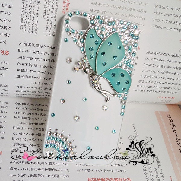 White apple iphone 4 4s case, blue swarovski crystal rhonetone with matte crystal butterfly,US shipping