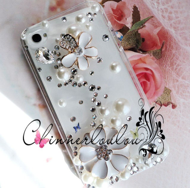 White Flower Iphone 5 or 4s Clear Hard Shell case, Free US Shipping
