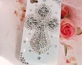 White apple iphone 5 or 4s case, swarovski crystal rhinestone, metal rhinestone cross US shipping