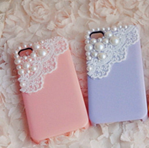 Popsicle apple iphone 5 or 4s case, crystal pearl with romantic lace trim, Peach, Ivory, Black