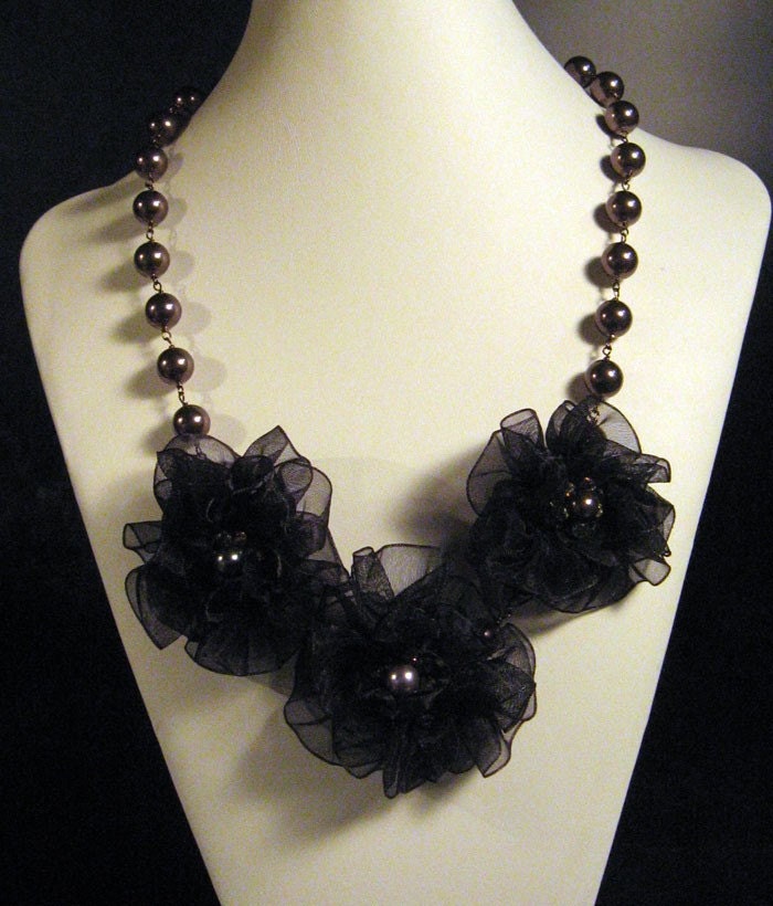Bib Necklace - Black Flowers and Burgundy Pearls