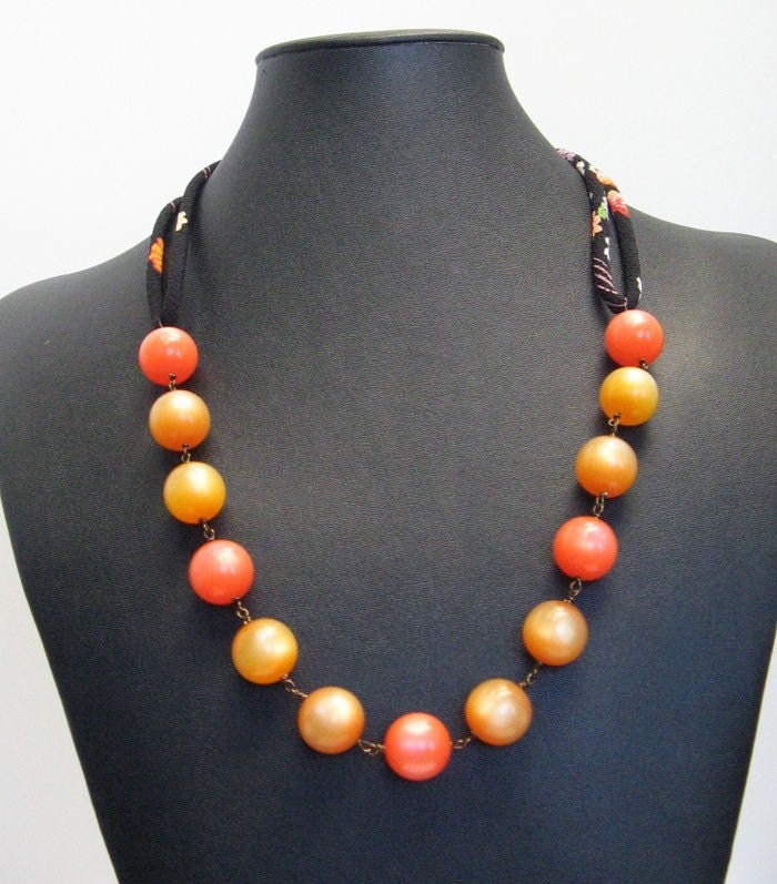 Necklace - Peach and Melon Vintage Lucite on Crepe Cord