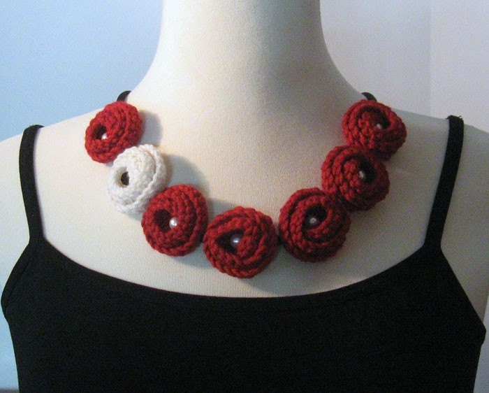 Red Rose Cashmere and Merino Crocheted Necklace