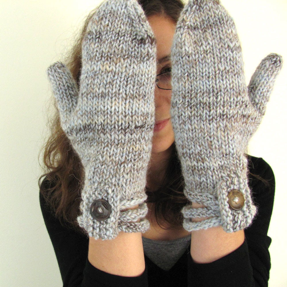 Pale Blue and Brown Handknit Mittens with Stacked I-cord Cuff