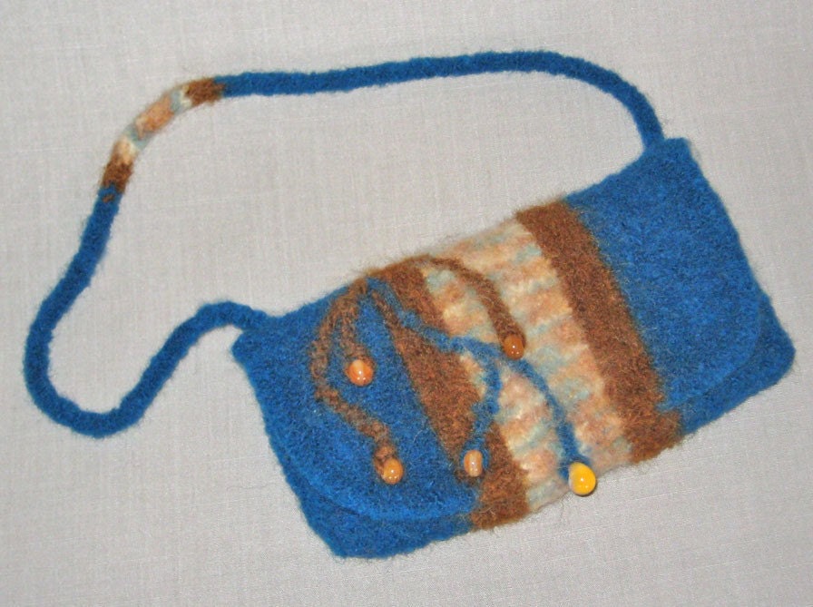 SALE... Brown and Teal Hand Knit and Felted Bag with Lampworked Beads