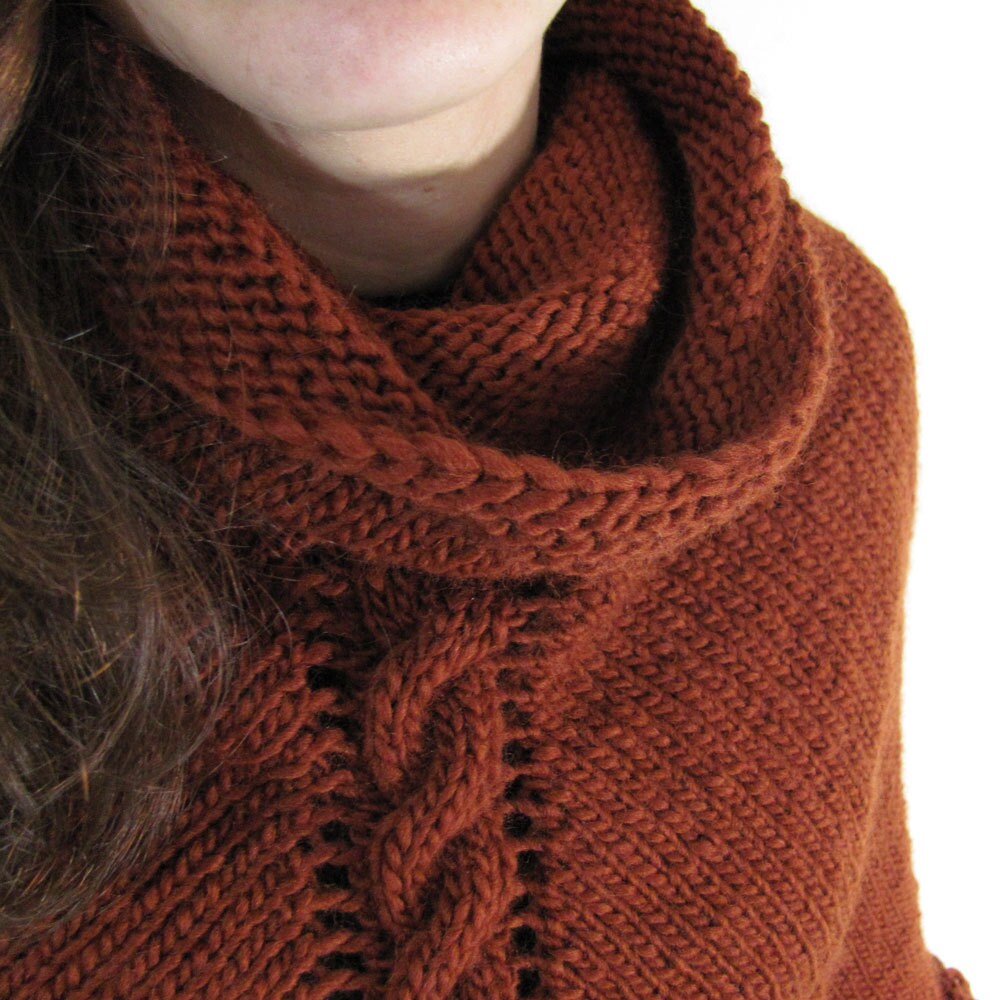 Autumn Copper color Cowl Neck Hand Knit Poncho with Cables and Fringe