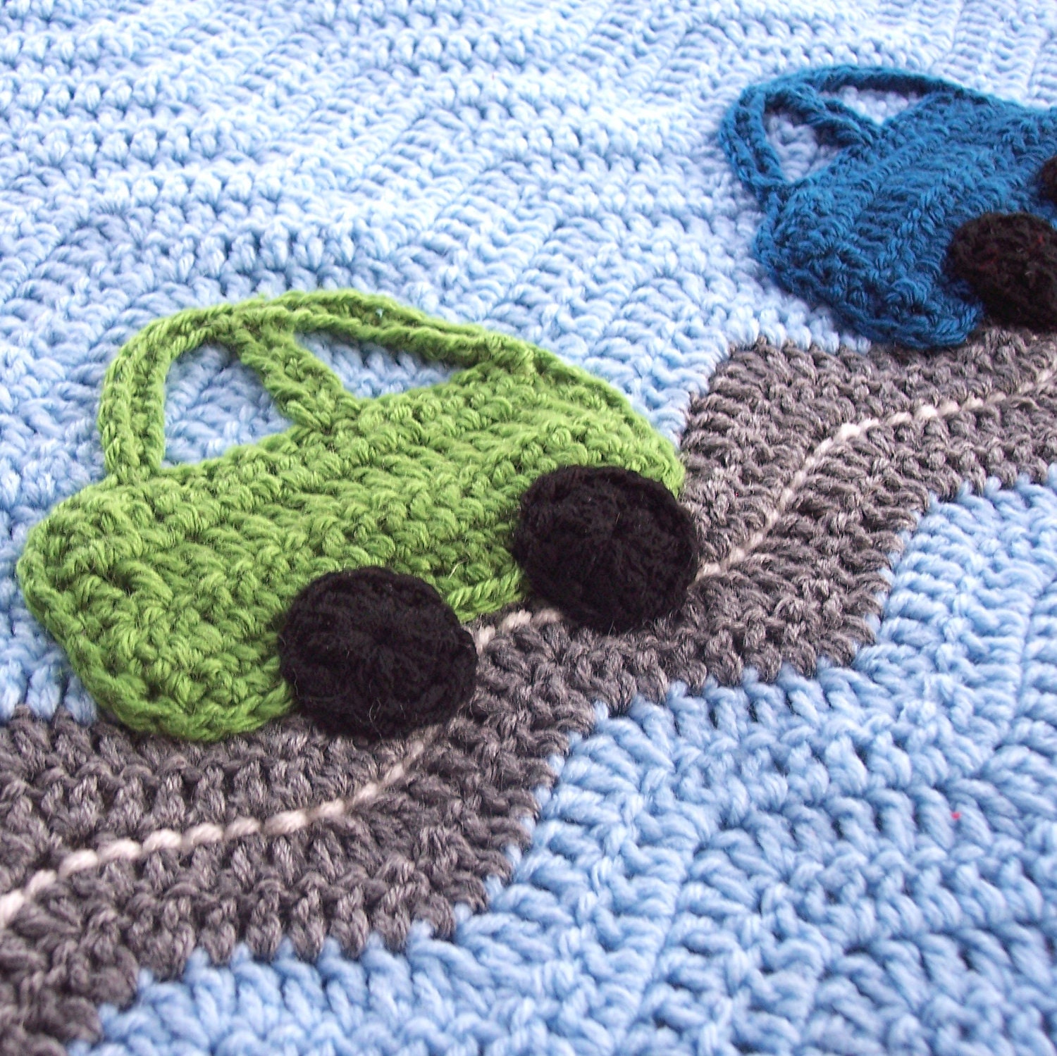 Crochet Cars Ripple Blanket  - A Baby Boy Ripple Afghan in Blue and Gray with Green, Blue, Red Car Appliques - 31 x 33 Size