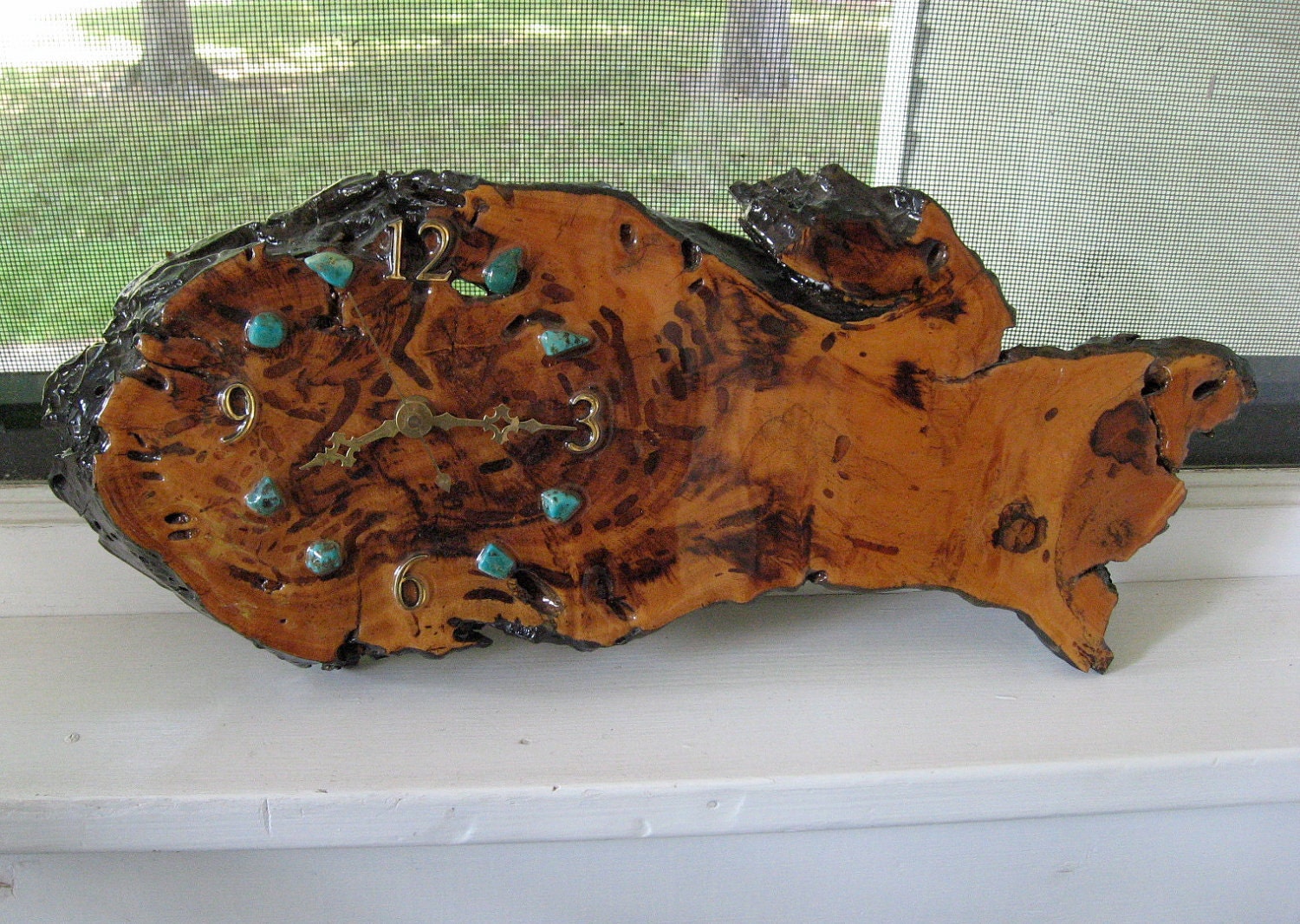 Vintage Burl Wood Clock with Turquoise