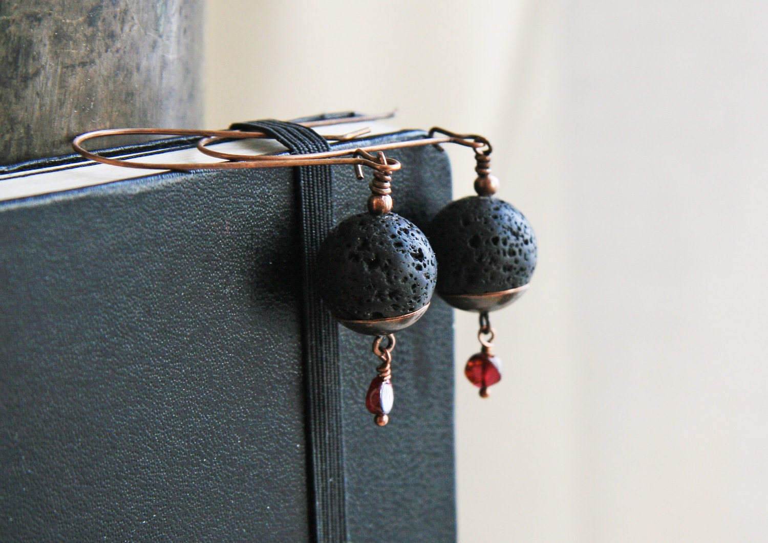 Black and Red Earrings Volcanic Lava Rock and Red Garnet Dangle Earrings