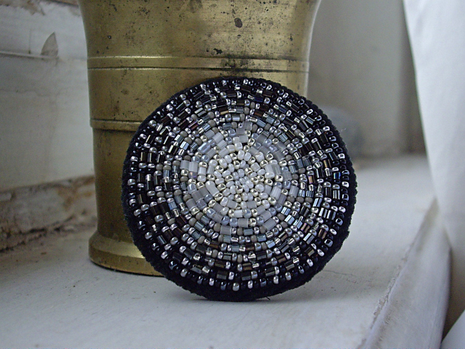 Bead Embroidered Black, Grey and White Mandala Brooch