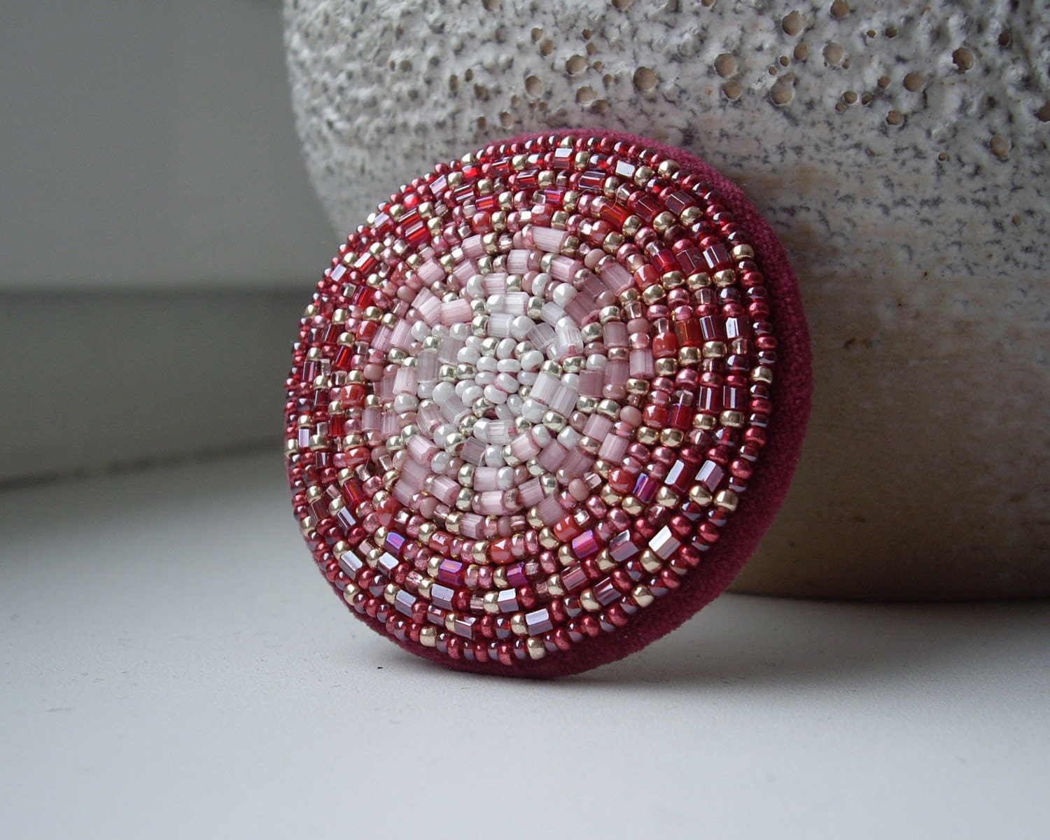 Bead Embroidered Brooch. Dusty Pink Mandala Brooch Pin