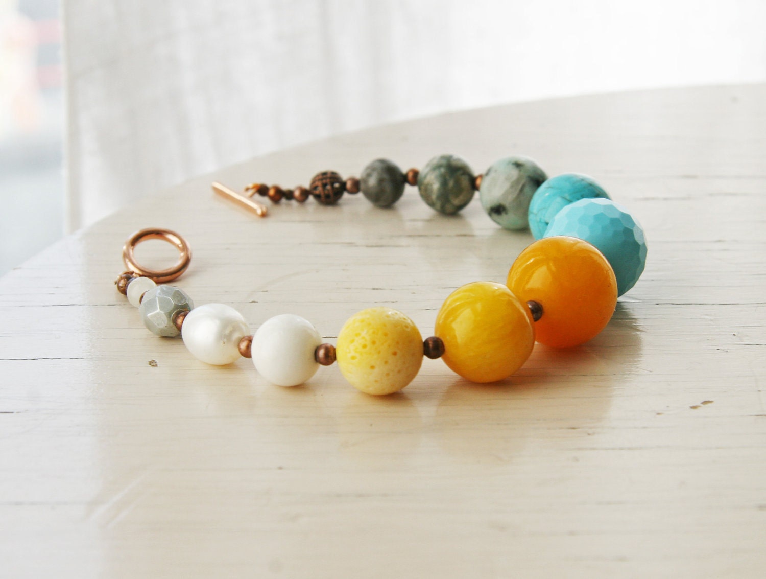 Yellow Sun, Sky Blue, Grey and Ivory Stone Beaded Bracelet Europeanstreetteam