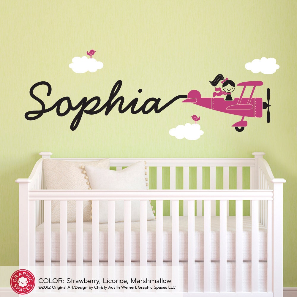 Airplane Name Wall Decal Girl Skywriter Baby Nursery Kids