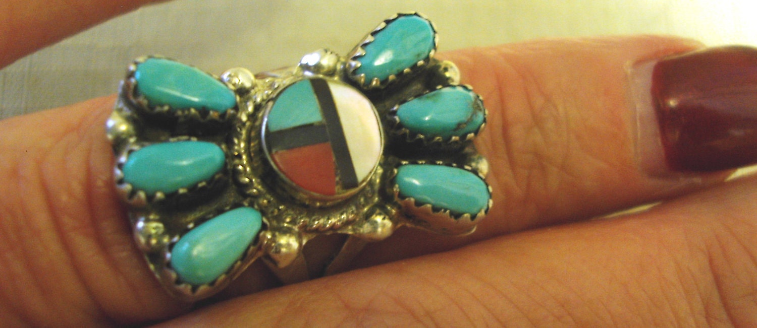 GORGEOUS Vintage ZUNI American Indian Turquoise - Red Coral and MOP Sterling Silver Ring - Signed