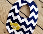 Navy chevron baby bib with citron birdie