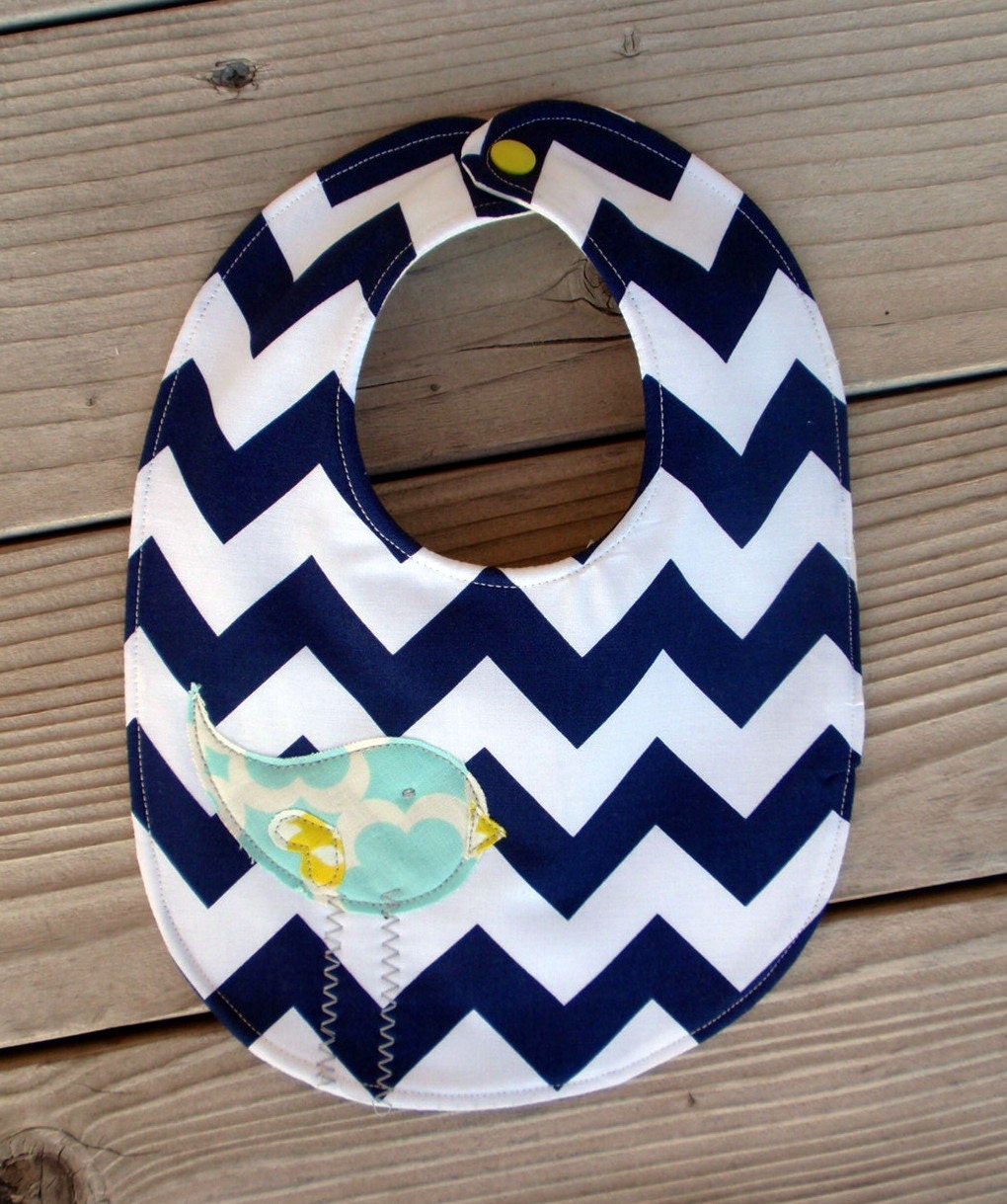 Navy chevron baby bib with aqua birdie