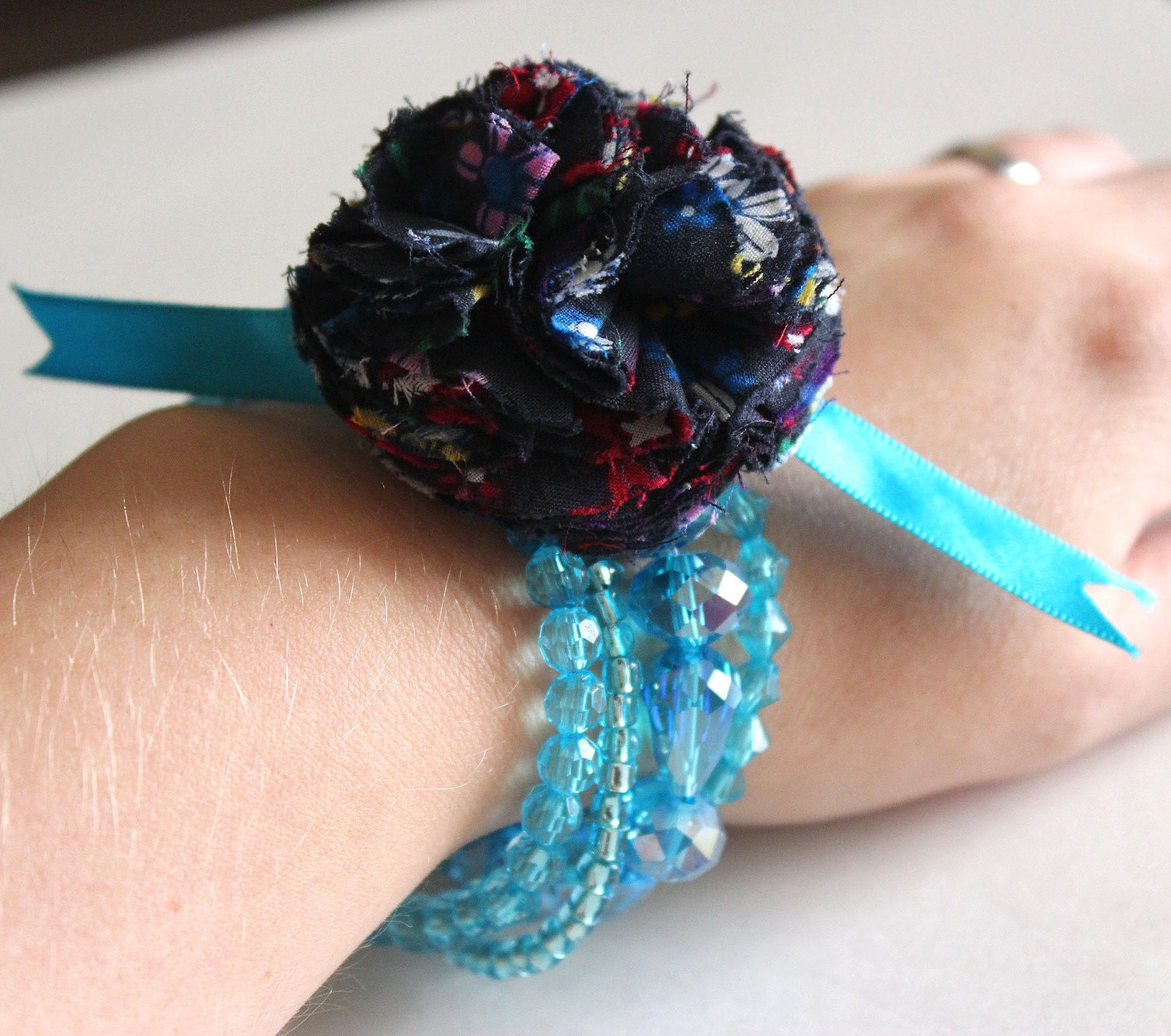 Fabric flower corsage bracelet crystal beaded