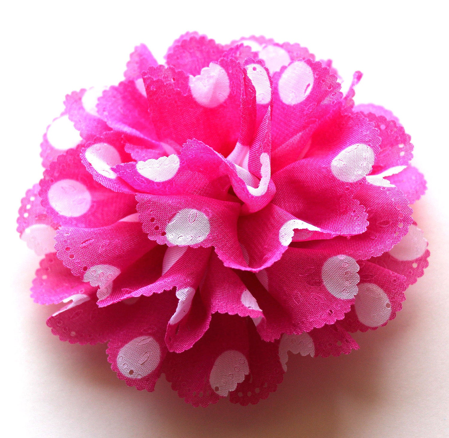 Polka dots fabric flower hot pink and white brooch