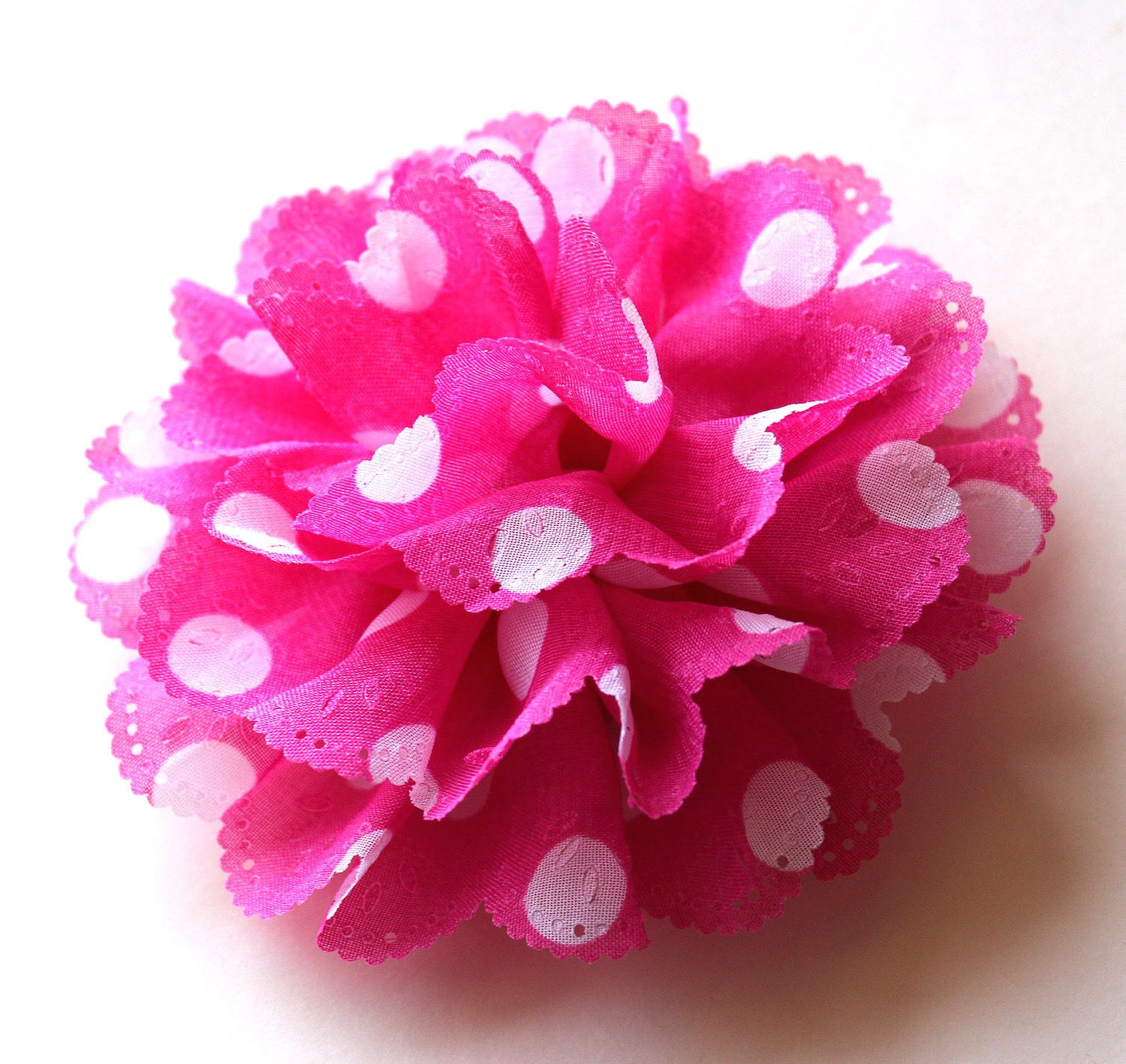 Polka dots fabric flower hot pink and white brooch