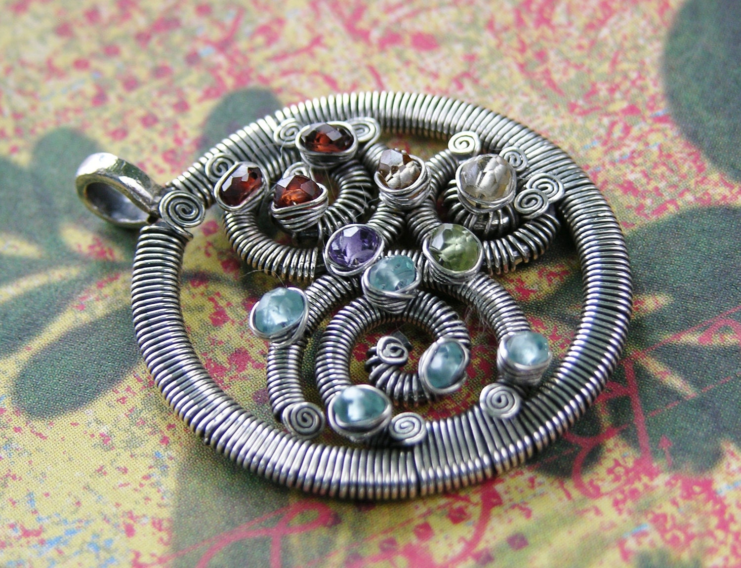 Color Theory Spirals -- Multigemstone Sterling Silver Wire-Wrapped Circle Pendant ON SALE 25% OFF
