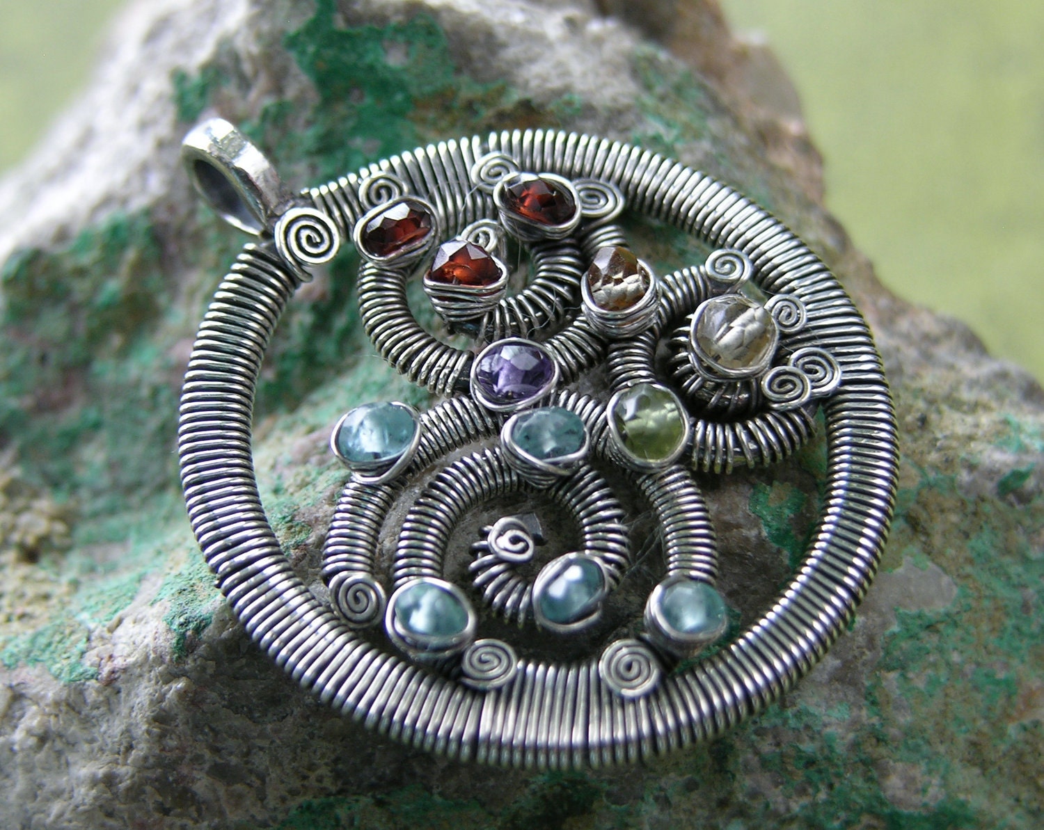 Color Theory Spirals -- Multigemstone Sterling Silver Wire-Wrapped Circle Pendant ON SALE 25% OFF