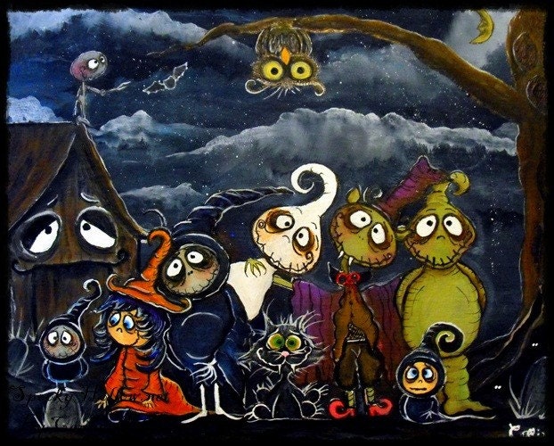Halloween Folk art PRINT say Cheesy Spooky Hollow characters by Carmen Ellis