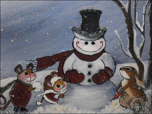 Christmas Mouse Snowman folk art print Carmen Ellis