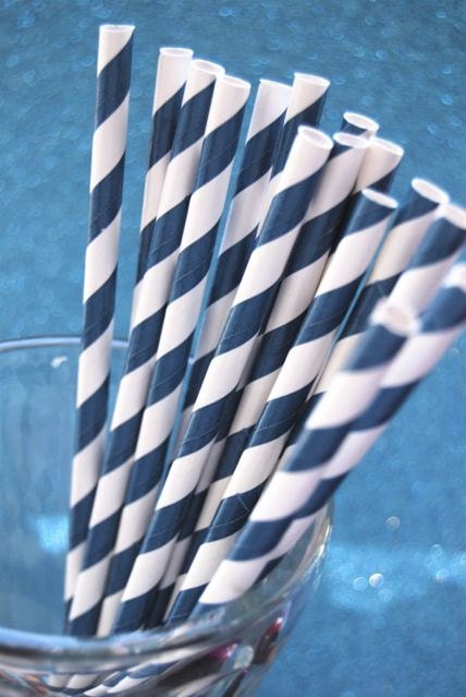 Navy Blue Striped Paper Straws and PDF Printable Party Flags